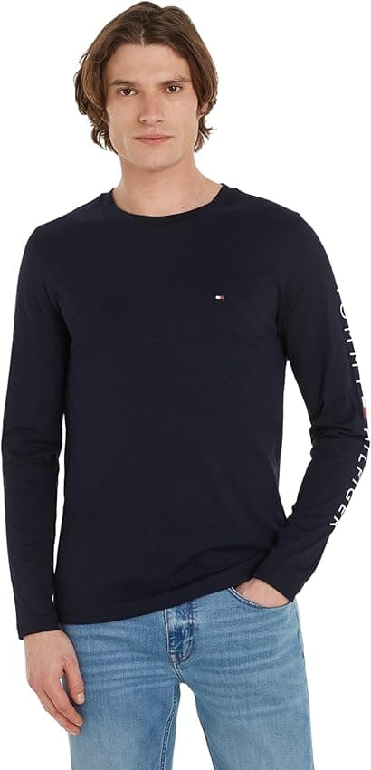 Imagen de Tommy Hilfiger Hombre Camiseta Manga Larga 🍃 Logo Algodón Azul en OfertitasTOP