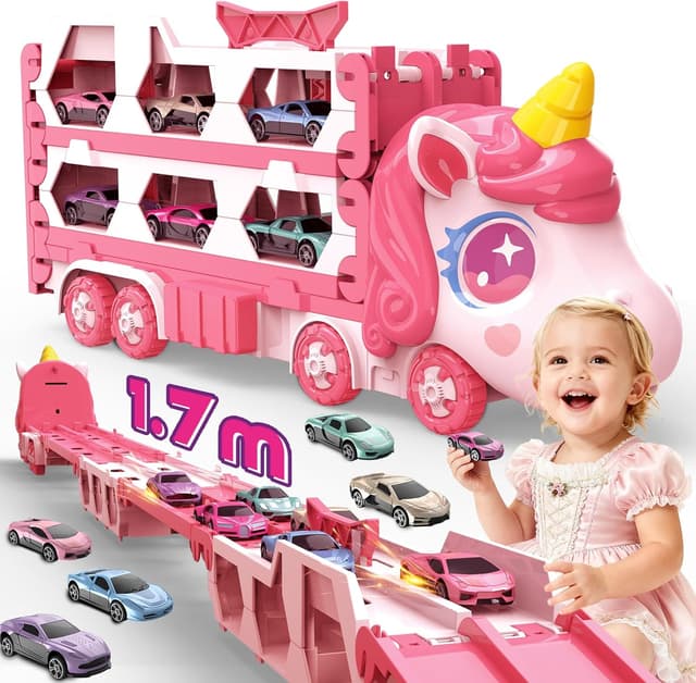 Detalle de maysida Unicorn Transport Truck with 6 Race Cars (Portable, Foldable) for Age 3–9