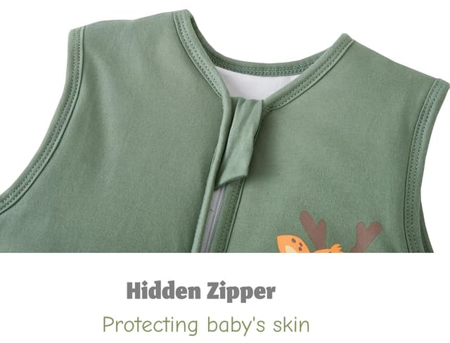 Detalle de Chilsuessy Baby Schlafsack mit Füßen 2,5 Tog (2-Wege-Reißverschluss) – Grün, passend für Babyhöhe 110–120 cm