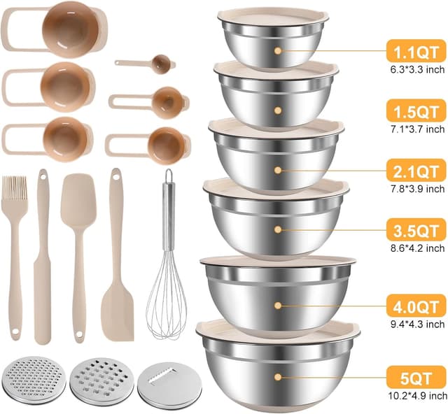 Detalle de ENVTEK Mixing Bowls with Airtight Lids Set (20-Piece) with Stainless Steel Bowls, Grater Attachments & Non-Slip Bases