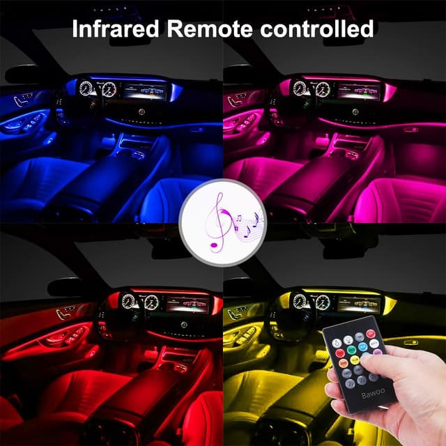 Detalle de Bawoo 4-in-1 Car Interior LED Atmosphere Light Strip Set with Remote Control (USB-powered)