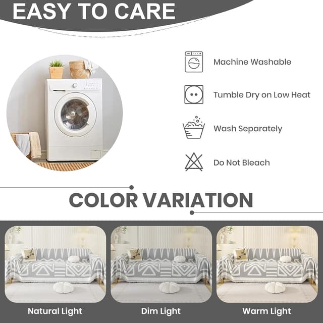 Detalle 2 de Royhom Housse de canapé d’angle 3 places en chenille grise claire (180x340 cm) avec glands décoratifs