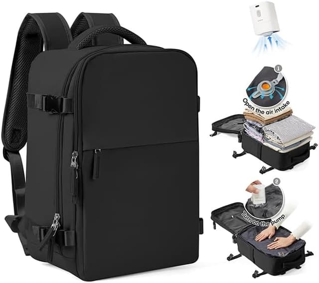 Detalle de SZLX Vakuum Rucksack Ryanair Handgepäck 40 x 30 x 20 cm mit Pumpe – 14-Zoll-Laptopfach und Schuhfach