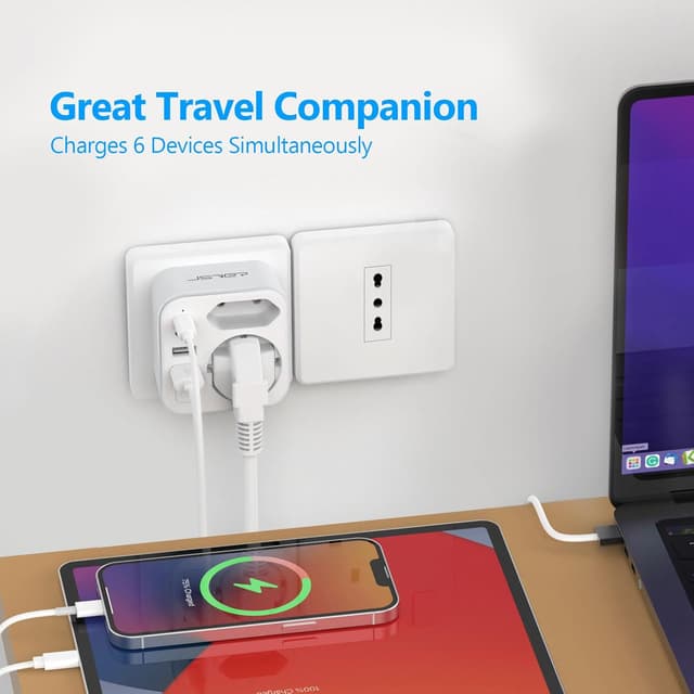 Detalle 2 de JSVER adattatore da viaggio universale 6 in 1 con spina tipo L e 4 porte USB (2 USB-C + 2 USB-A)