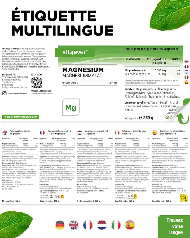 Detalle 2 de Vit4ever Malate de magnésium – 365 gélules (2000 mg dont 300 mg de magnésium élémentaire) – Végan