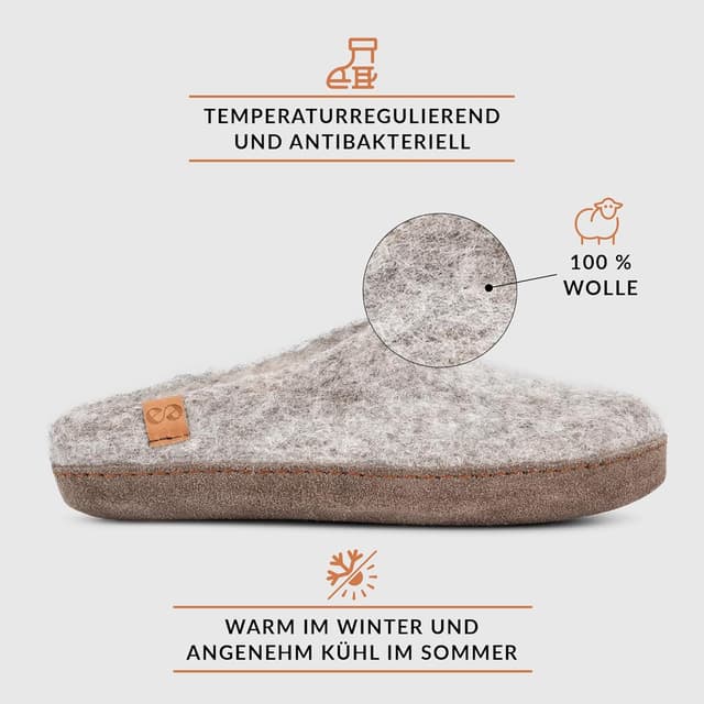 Detalle 2 de Green Comfort MAKALU Hausschuhe für Damen & Herren – 100% Schaffilz, ohne Mulesing, mit Ledersohle