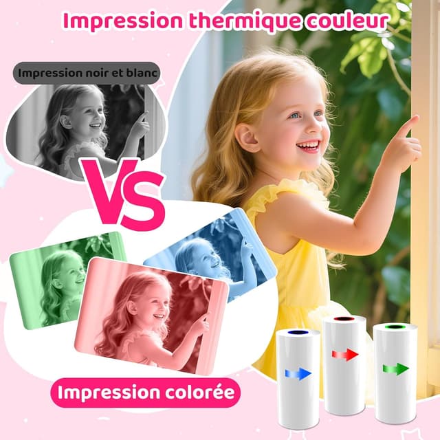 Detalle de CHAKEYAKE Appareil photo instantané enfant 20MP, écran 2,4 pouces et impression couleur (rose)