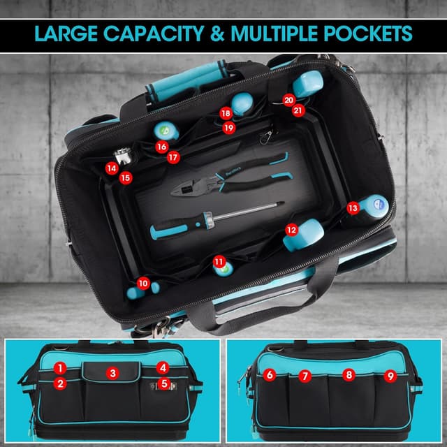 Detalle de DURATECH Sac à Outils 43 cm avec ouverture large et 32 poches en tissu Oxford 840D