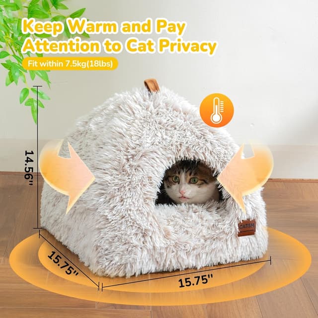 Detalle 2 de Igloo Cat and Dog Bed (Large Indoor Tent) – 2-in-1 Anti-slip Trundle with Carry Handle and Washable Cushion, Light Brown