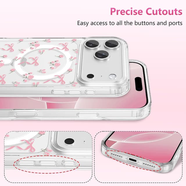 Detalle de ZTOFERA magnetische Handyhülle für iPhone 17 Pro Max (6,9 Zoll) – transparentes TPU mit Schleifen- & Blumenmuster, rosa Blume