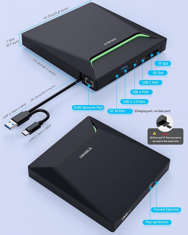 Thumbnail 6 de ORIGBELIE Neuestes Externes DVD-Laufwerk (USB 3.0) mit RJ45-Ethernet-Adapter und Kartenanschlüssen