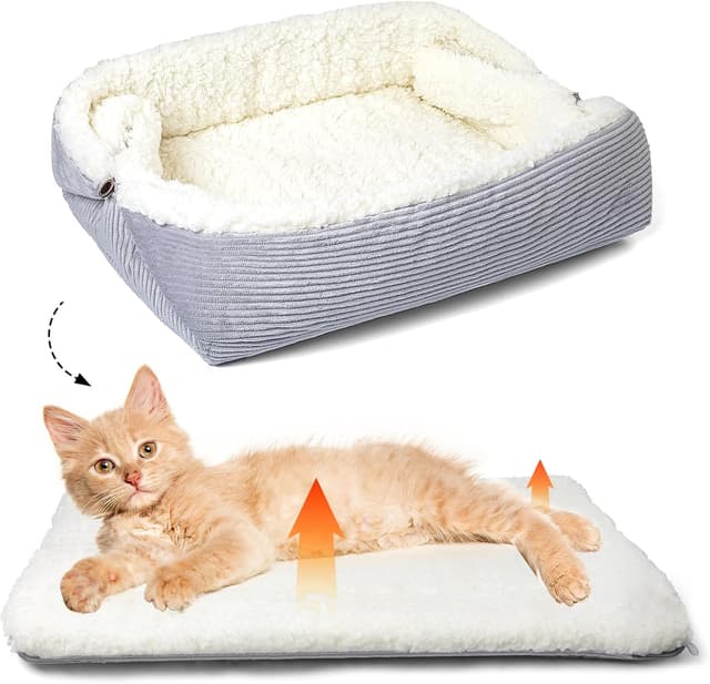 Detalle de MAIYADUO Weiches Katzenbett (waschbar) 42x38 cm, 2-in-1 Plüsch-Katzensofa & Schlafdecke – entfaltet 61x51 cm