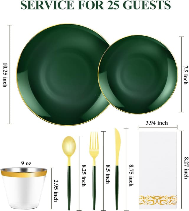 Thumbnail 1 de 175-Piece Green Gold Plastic Dinnerware Set