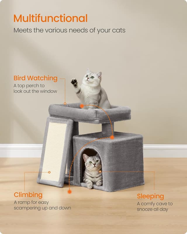 Detalle de Feandrea Small Cat Tree (PCT010GD01) – compact cat tower with scratch ramp, cave condo & top perch