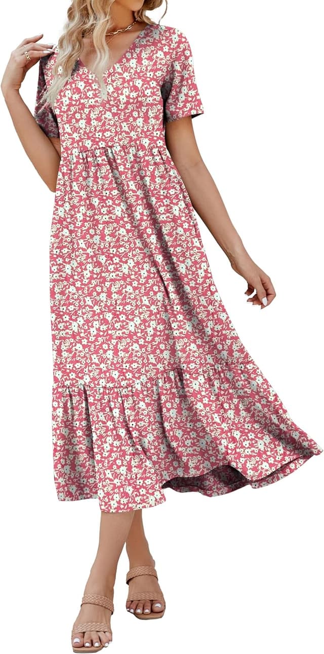 Detalle de Women's 2026 Summer Short Sleeve V-Neck Swing Dress with Tiered Maxi Skirt and Pockets