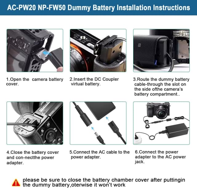 Detalle de NP-FW50 Dummy Battery AC-PW20 AC Adapter Kit for Sony cameras (continuous power for filming & live streaming)