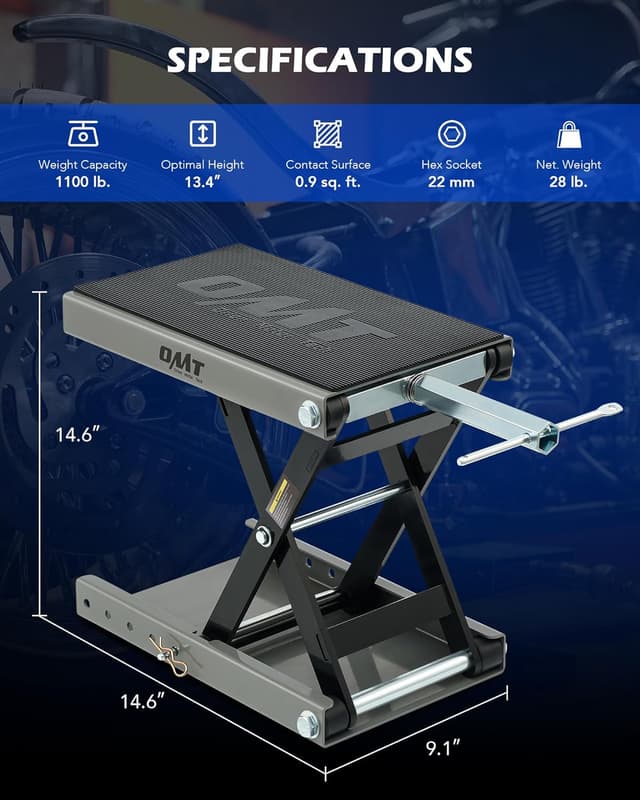 Detalle 2 de Orion Motor Tech 1100 lb Motorcycle Lift Scissor Jack with Wide Deck & T-Handle (Gray)