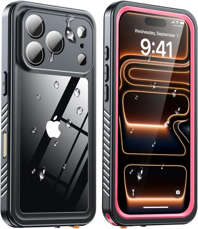 Detalle de ANTSHARE iPhone 17 Pro Rugged Case (IP68) with Built-in Screen Protector, 12 FT Drop Rating, Pink/Clear