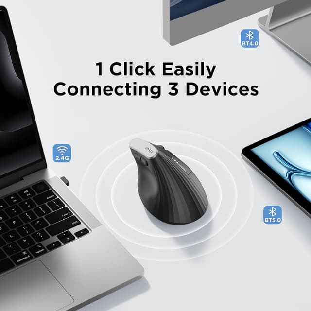 Thumbnail 6 de Uineer kabellose Multi-Device Vertikalmaus „Tri-Mode“ (2.4G + BT 4.0/5.0), 4 DPI-Stufen, 6 Tasten, schwarz