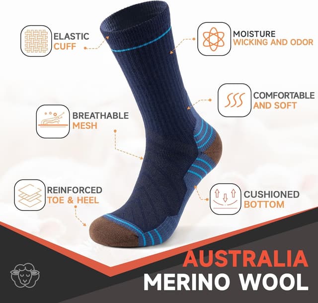 Detalle de Alaplus Hiking Socks (merino wool) – cushioned breathable crew socks, 3 pairs