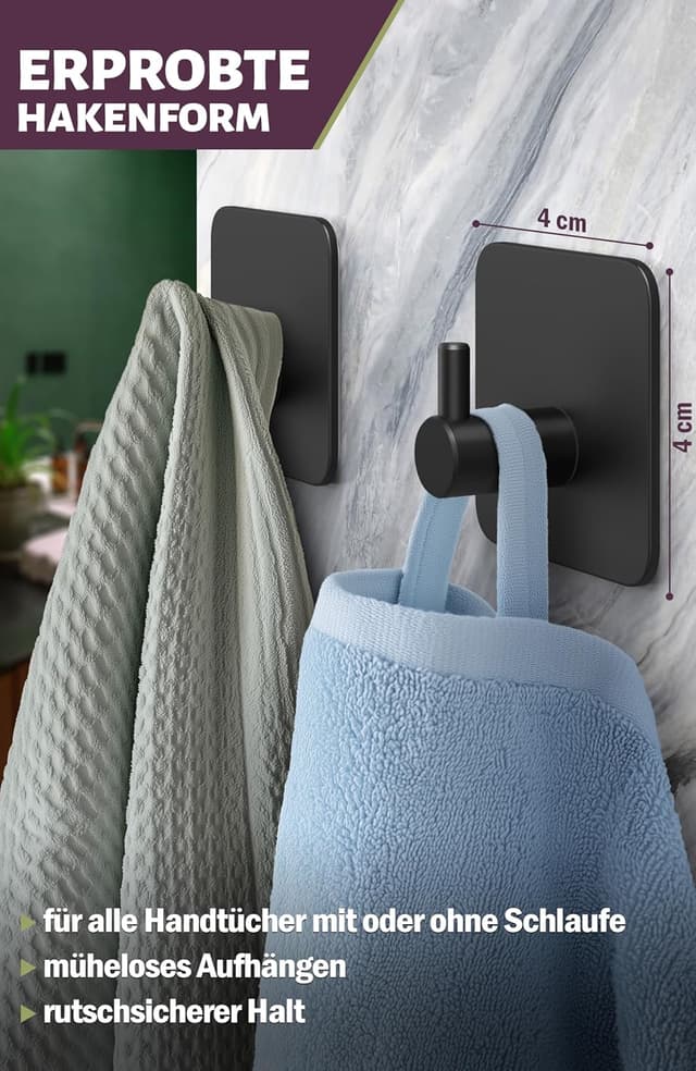 Detalle de Menz Handtuchhaken ohne Bohren, 6er-Set – schwarze selbstklebende Handtuchhalter aus Edelstahl