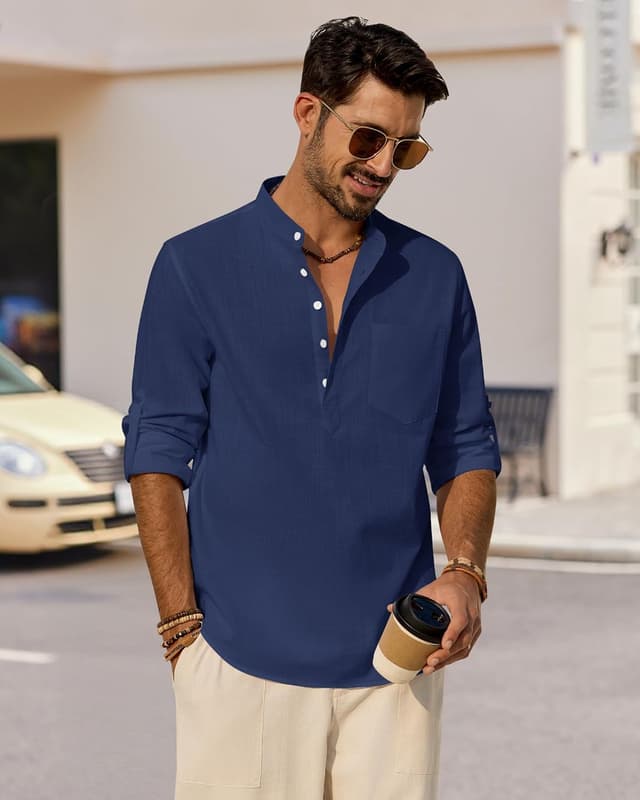 Detalle de J.VER Linen Shirts for Men Long Sleeve Regular Fit Casual Henley Shirt with Pocket