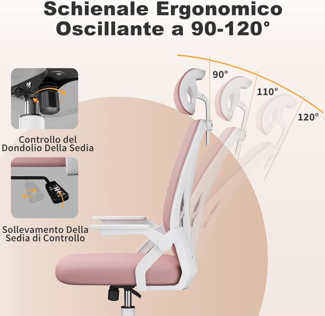 Detalle de naspaluro Sedia da Ufficio rosa con braccioli ribaltabili, poggiatesta e schienale in rete traspirante