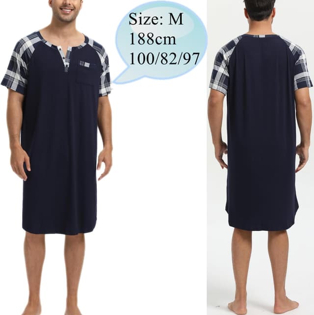 Detalle 2 de Enjoyoself Herren-Nachthemd Kurzarm aus Baumwolle – langes Schlafshirt mit Knöpfen