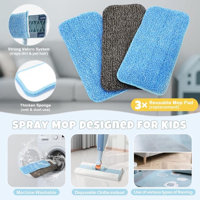 Detalle 2 de Dreamon Kids Spray Mop Toddler Cleaning Set (Real Spray Function) with Water Sprayer, 3 Washable Pads & Scraper