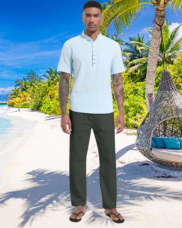 Detalle 2 de Pantalon en lin LVCBL pour homme, ample et décontracté, été/automne