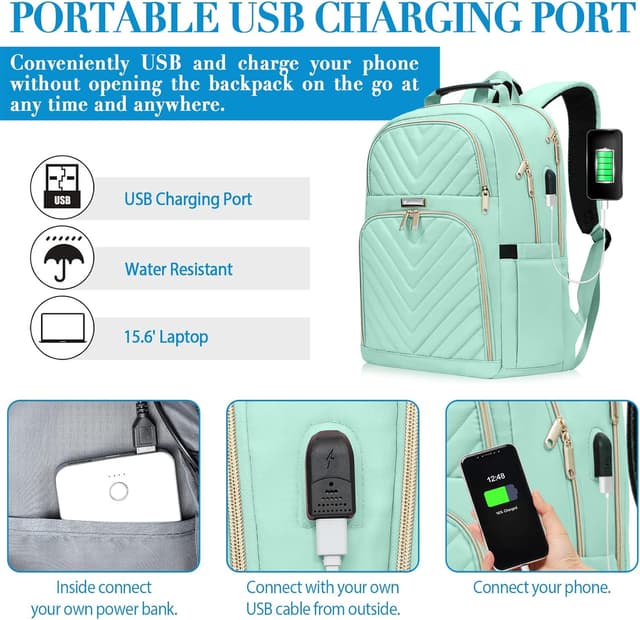 Detalle de Travel Laptop Backpack for Teens (15.6 inch) with Charging Port, 25L Quilted Work Bag – Teal