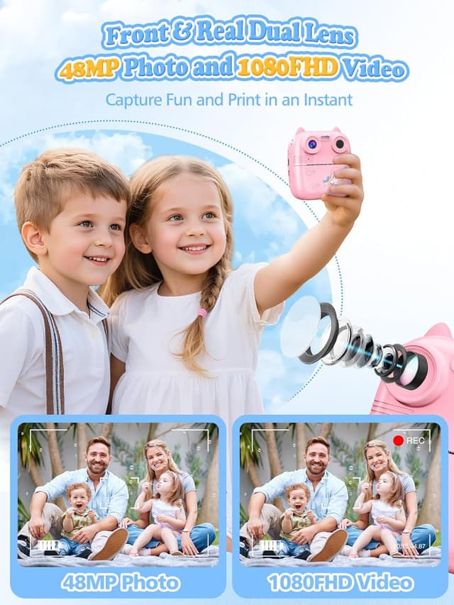 Detalle 2 de Macchina Fotografica Bambini Istantanea 48MP Dual Camera con stampa su carta, schermo 2,4” e 32GB (rosa)