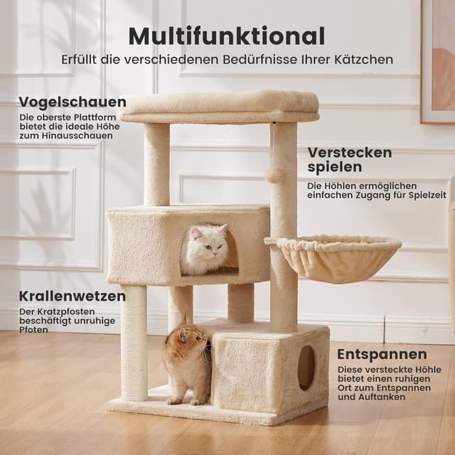 Detalle de Gardner Pet Katzenbaum groß (105 cm) mit Kratzsäule, 2 Höhlen und Plattform – Beige