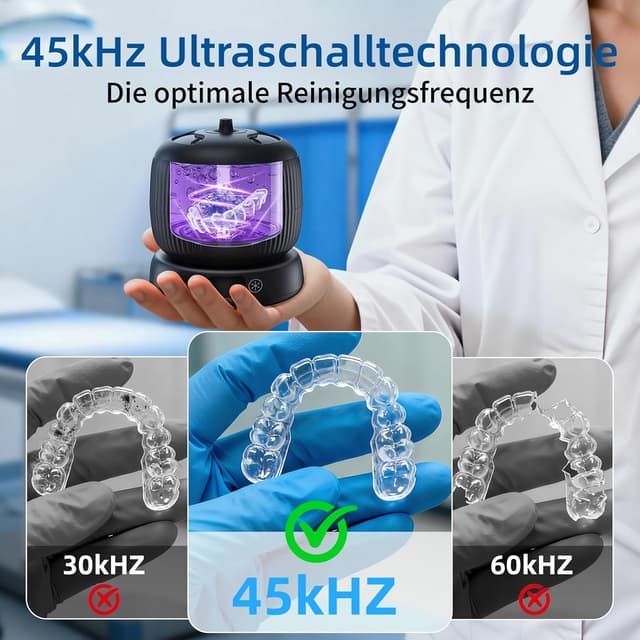 Detalle 2 de Morole Ultraschallreinigungsgerät (45.000 Hz) 200 ml mit UV-Lampe – für Zahnschienen, Retainer, Aligner, Prothesen, Zahnbürsten & Schmuck