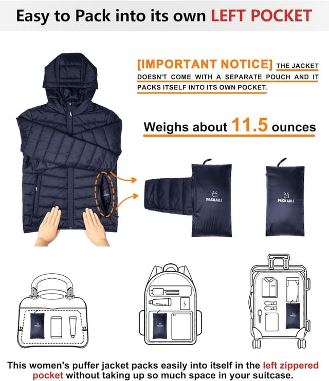 Detalle 2 de Outdoor Ventures Women’s Winter Lightweight Puffer Jacket with Hood (Short, Packable) for Hiking & Travel