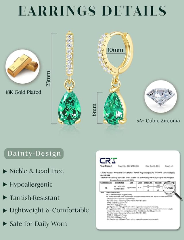 Detalle 2 de ZNBOH orecchini pendenti donna in oro placcato 18K anallergici con zirconi e pietra di nascita