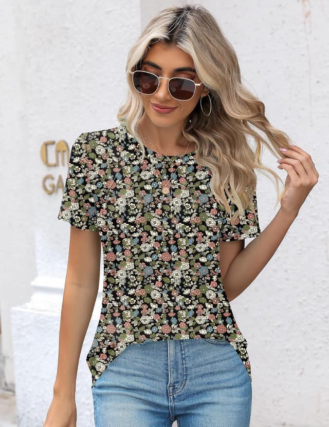 Detalle de Kistore Women’s Casual Crew Neck Pleated Short Sleeve Top (Sunburst Front)