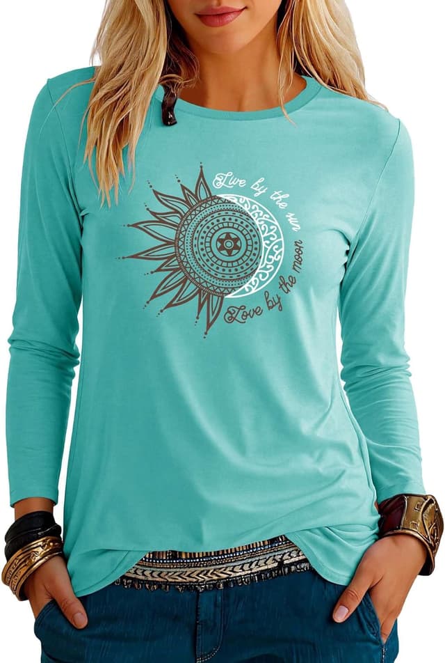 Detalle de Teesho Damen-Bluse im T-Shirt-Stil mit V-Ausschnitt, bedruckt – locker & atmungsaktiv für Sommer und Alltag