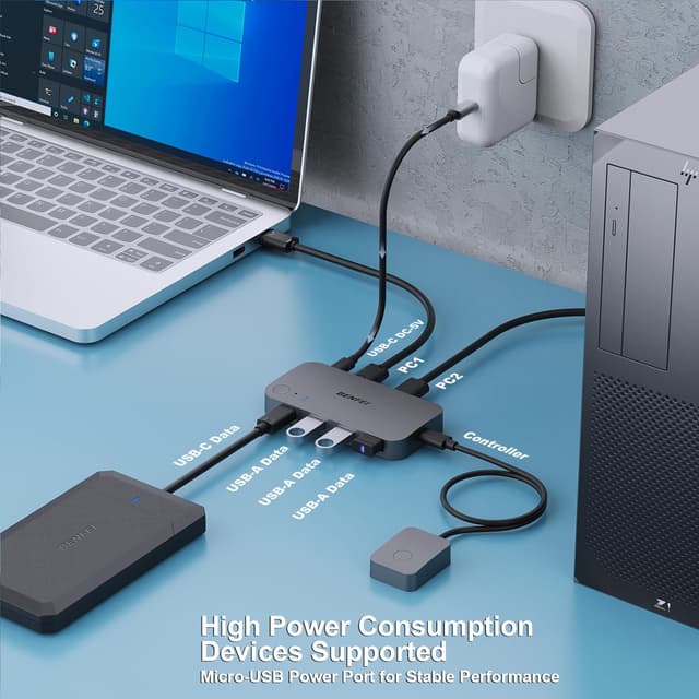Detalle de BENFEI Switch USB 3.0 2 in 4 out con USB-C: condividi dispositivi tra 2 computer