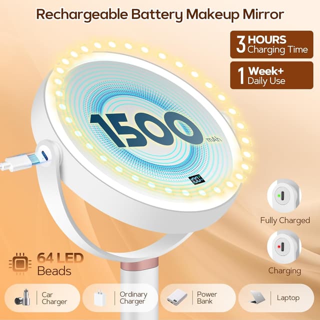 Detalle de Magnifying Mirror with Light 30X/1X Double Sided (with Tweezer) – 3 Colour Modes, Adjustable Brightness & Height, 360° Rotation
