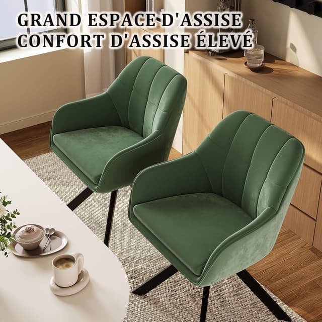 Detalle de Goeurvant Drehstuhl Esszimmer im 2er-Set mit Armlehne, Samt Grün und 360°-Drehfunktion