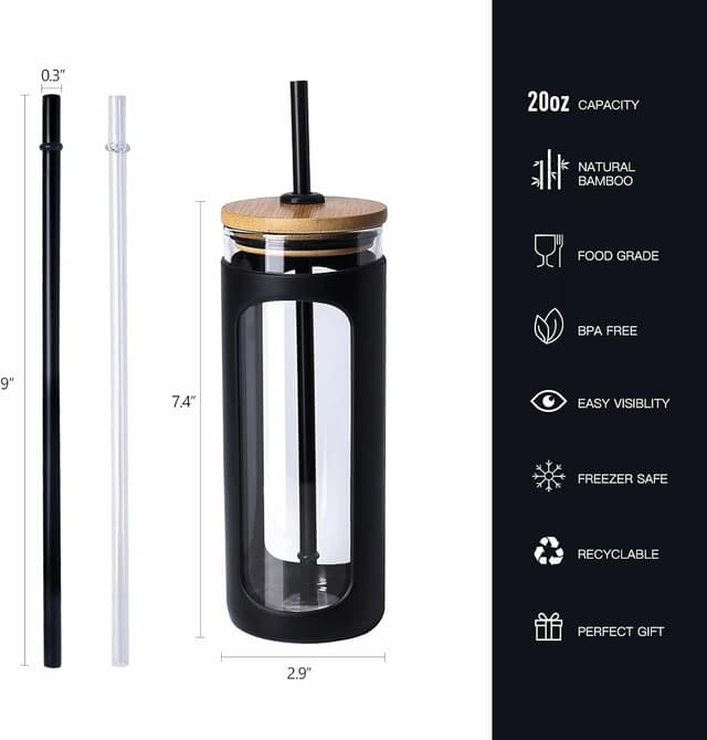 Detalle de Kodrine 20oz Glass Tumbler with Straw and Lid (Bamboo Lids, Silicone Sleeve) — Black + Amber, 2-Pack