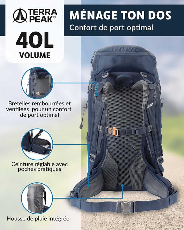 Detalle de Terra Peak® sac à dos de randonnée AIRANT 20/30/40 L en polyester Ripstop, avec ventilation Dynamic Air Flow