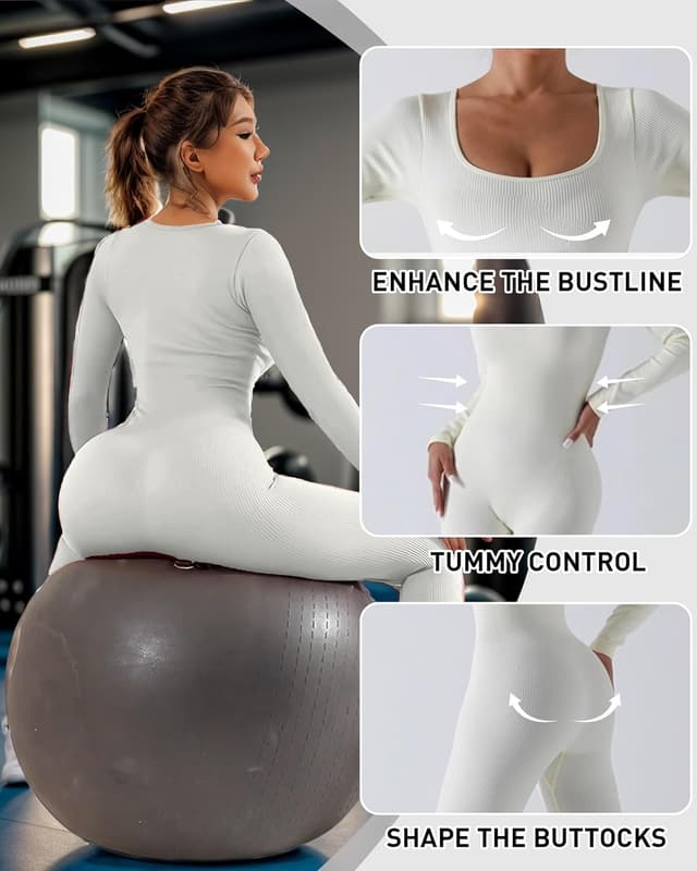 Detalle de Merlvida Sport-Jumpsuit für Damen mit langem Arm: nahtloser, figurformender Einteiler