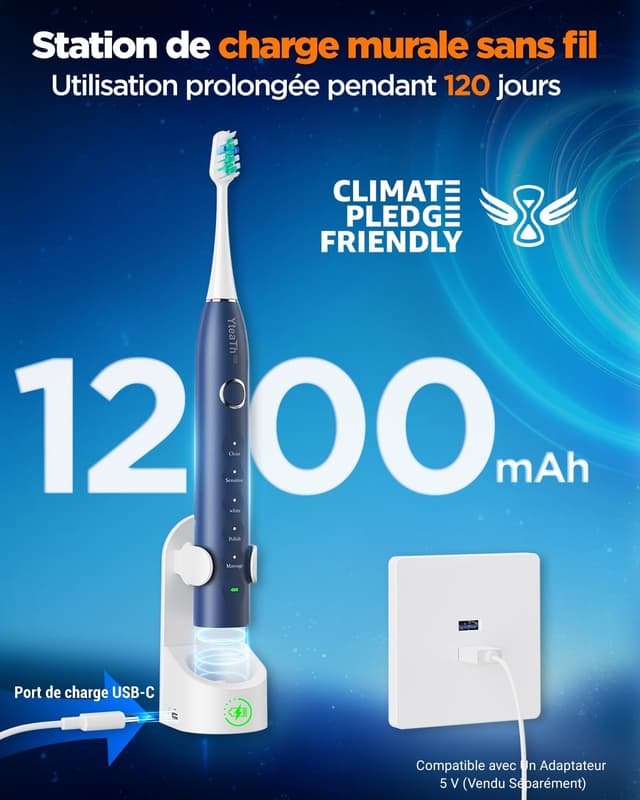 Detalle de Brosse à dent électrique sonique Soniques pour Homme (8 têtes) avec étui de voyage et 5 modes – Bleu foncé