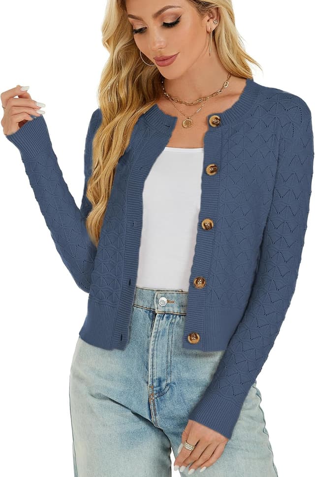 Detalle de Enjyam Damen Strickjacke Elegant kurz mit Knöpfen, Rundhals & Lochmuster (Cardigan/Bolero)