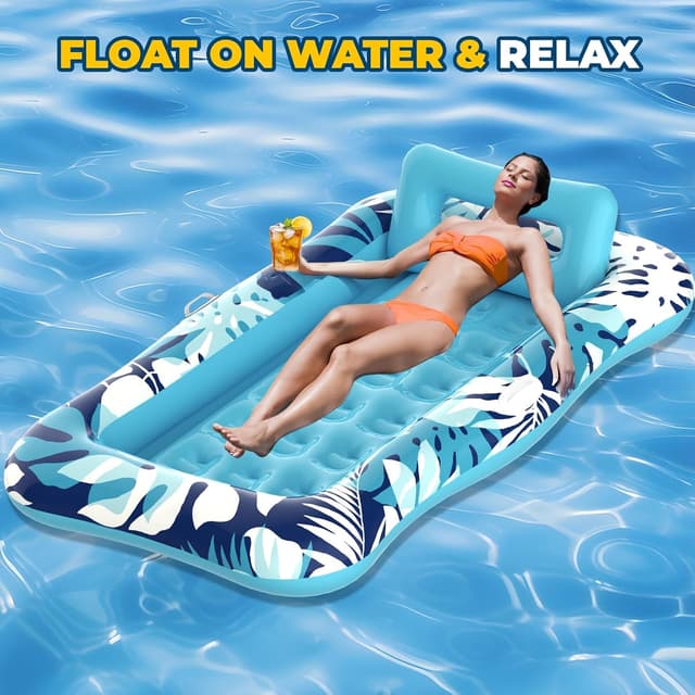 Detalle de Pool Floats Adult XL Inflatable Tanning Pool Lounger Float (76" x 48") with Pillow, Cup Holder & Repair Patches