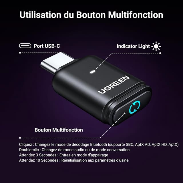 Detalle de UGREEN Aptx Audio Dongle Bluetooth 5.3