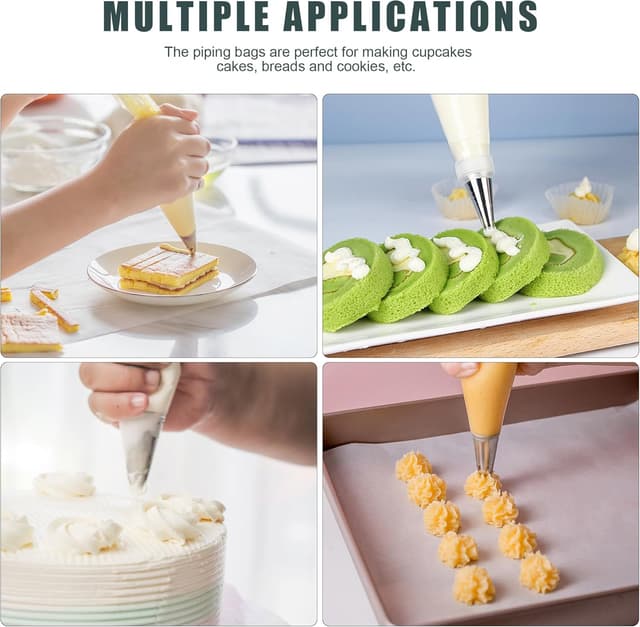 Detalle de Piping Bags and Tips Set (100 Disposable 12-Inch Pastry Bags, 16 Stainless Steel Tips, 2 Couplers) with Scrapers & Bag Ties