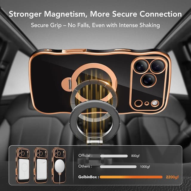 Detalle de GolbinBox Magnetic iPhone 17 Pro Max Case with 360° Spin Stand (MagSafe, Camera Protection, 18FT Drop Protection) - Black